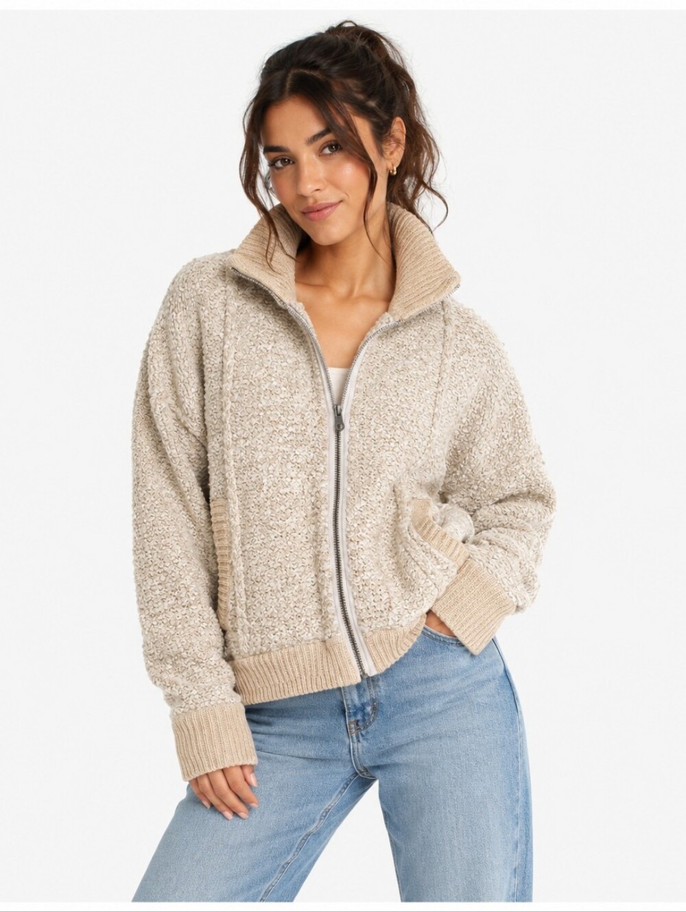 Free People Cozy Teddy Knit Zip Jacket Sweater Beige Cream Oversized Boho